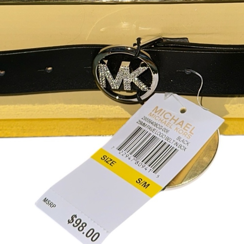 NIB Michael Kors BLACK  25MM REVERSIBLE Pave Logo Belt In Box SZ S/M BLING LOGO - Picture 3 of 4